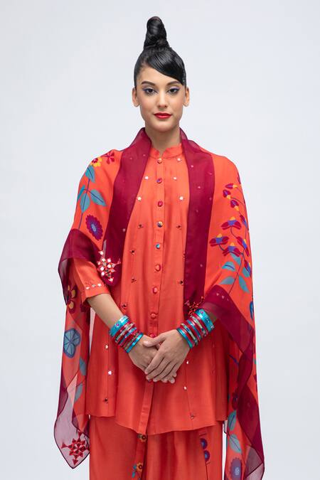 Lila_Orange Cotton Satin, Cotton, Silk Mirrors Dia Embroidered Kurta Pant Set _Online_at_Aza_Fashions