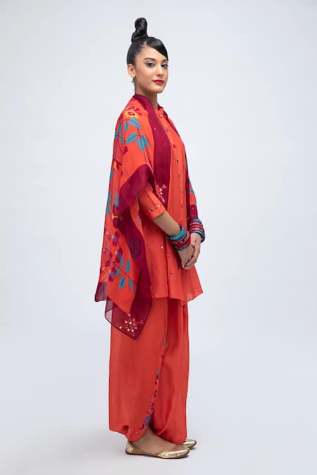 Buy_Lila_Orange Cotton Satin, Cotton, Silk Mirrors Dia Embroidered Kurta Pant Set _Online_at_Aza_Fashions