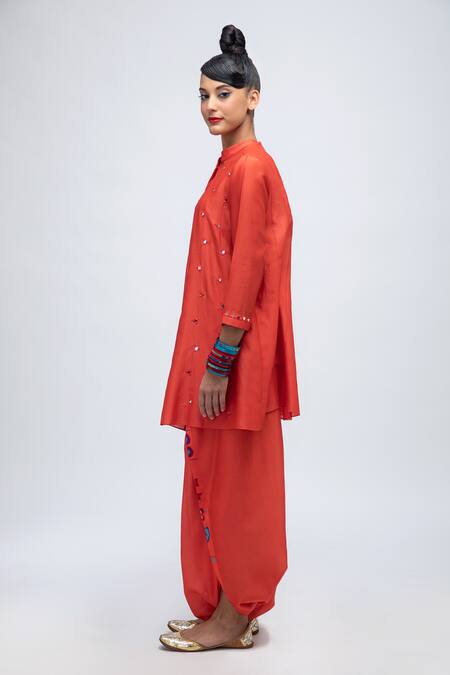 Shop_Lila_Orange Cotton Satin, Cotton, Silk Mirrors Dia Embroidered Kurta Pant Set _Online_at_Aza_Fashions