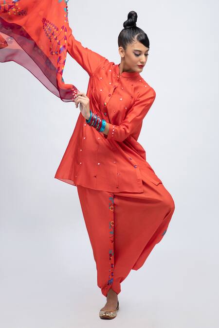 Lila_Orange Cotton Satin, Cotton, Silk Mirrors Dia Embroidered Kurta Pant Set _at_Aza_Fashions
