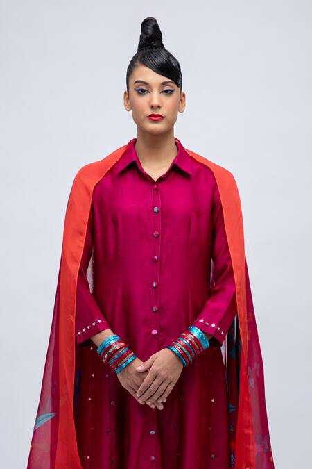 Lila_Red Cotton Satin, Cotton, Silk, Chiffon Dinilia Embroidered Anarkali Pant Set_Online_at_Aza_Fashions