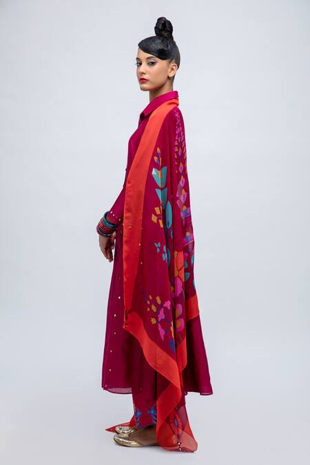 Buy_Lila_Red Cotton Satin, Cotton, Silk, Chiffon Dinilia Embroidered Anarkali Pant Set_Online_at_Aza_Fashions