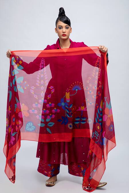 Shop_Lila_Red Cotton Satin, Cotton, Silk, Chiffon Dinilia Embroidered Anarkali Pant Set_Online_at_Aza_Fashions