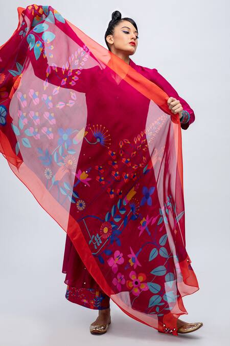 Lila_Red Cotton Satin, Cotton, Silk, Chiffon Dinilia Embroidered Anarkali Pant Set_at_Aza_Fashions