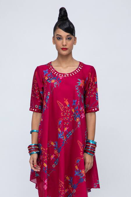 Lila Red Cotton, Silk Mirrors, Embroidery Elena Asymmetric Printed Kurta Pant Set Online at Aza Fashions Lila_Red Cotton, Silk Mirrors, Embroidery Elena Asymmetric Printed Kurta Pant Set _Online_at_Aza_Fashions