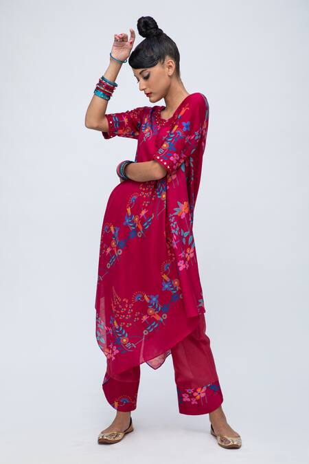 Shop Lila Red Cotton, Silk Mirrors, Embroidery Elena Asymmetric Printed Kurta Pant Set Online at Aza Fashions Shop_Lila_Red Cotton, Silk Mirrors, Embroidery Elena Asymmetric Printed Kurta Pant Set _Online_at_Aza_Fashions