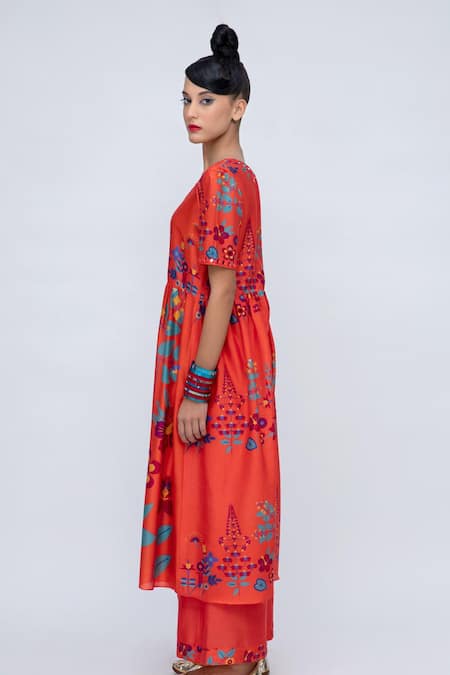 Buy_Lila_Orange Cotton, Silk Embroidery, Mirrors Round Genelia Printed Kurta Pant Set _Online_at_Aza_Fashions