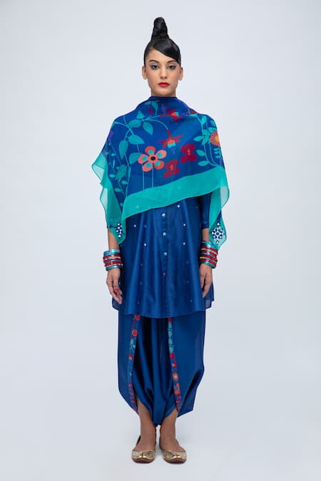 Lila Blue Cotton Silk Blend Jemima Kalidaar Kurta Dhoti Pant Set 