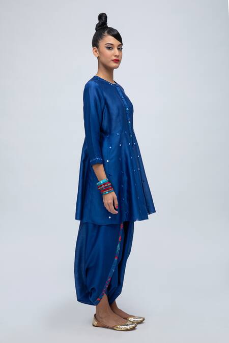 Lila_Blue Cotton, Silk Mirrors Round Jemima Embroidered Kalidaar Kurta Dhoti Pant Set_Online_at_Aza_Fashions