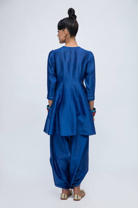 Buy_Lila_Blue Cotton, Silk Mirrors Round Jemima Embroidered Kalidaar Kurta Dhoti Pant Set_Online_at_Aza_Fashions