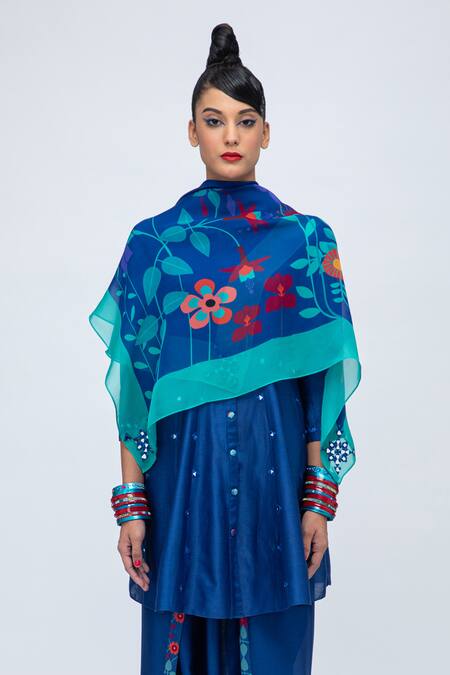 Shop_Lila_Blue Cotton, Silk Mirrors Round Jemima Embroidered Kalidaar Kurta Dhoti Pant Set_Online_at_Aza_Fashions