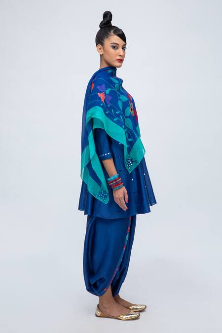 Lila_Blue Cotton, Silk Mirrors Round Jemima Embroidered Kalidaar Kurta Dhoti Pant Set_at_Aza_Fashions