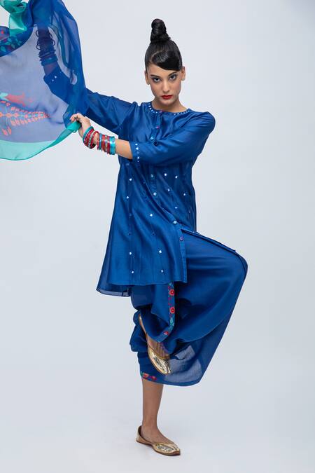 Buy_Lila_Blue Cotton, Silk Mirrors Round Jemima Embroidered Kalidaar Kurta Dhoti Pant Set