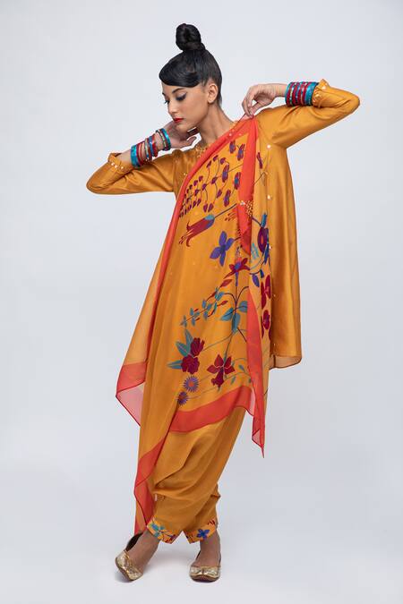Lila_Yellow Cotton, Silk, Chiffon Kripi Panelled Kalidaar Kurta Salwar Set_Online_at_Aza_Fashions