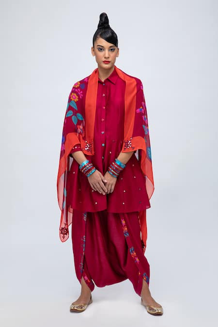 Lila Red Cotton Silk Blend Embroidered Mirror Lia Kurta Dhoti Pant Set 