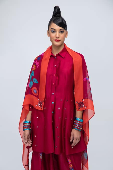 Lila_Red Cotton, Silk Mirrors Collared Lia Embroidered Kurta Dhoti Pant Set_Online_at_Aza_Fashions