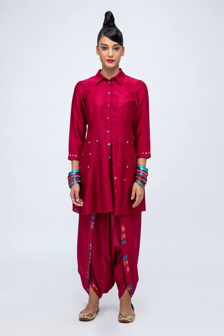 Buy_Lila_Red Cotton, Silk Mirrors Collared Lia Embroidered Kurta Dhoti Pant Set_Online_at_Aza_Fashions