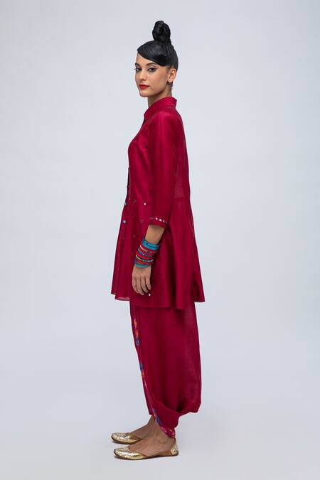 Shop_Lila_Red Cotton, Silk Mirrors Collared Lia Embroidered Kurta Dhoti Pant Set_Online_at_Aza_Fashions