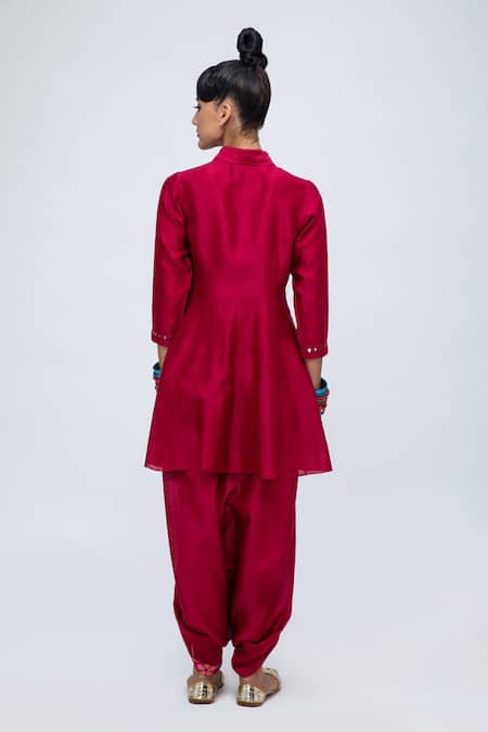 Lila_Red Cotton, Silk Mirrors Collared Lia Embroidered Kurta Dhoti Pant Set_at_Aza_Fashions
