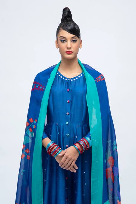 Lila Blue Cotton Satin, Cotton, Silk, Organza Neelam Embroidered Anarkali Pant Set Online at Aza Fashions Lila_Blue Cotton Satin, Cotton, Silk, Organza Neelam Embroidered Anarkali Pant Set_Online_at_Aza_Fashions