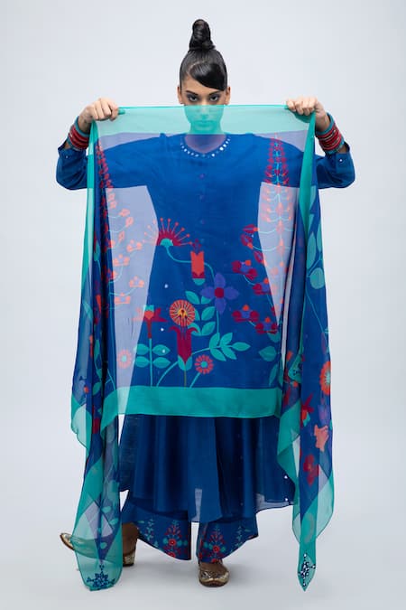 Shop Lila Blue Cotton Satin, Cotton, Silk, Organza Neelam Embroidered Anarkali Pant Set Online at Aza Fashions Shop_Lila_Blue Cotton Satin, Cotton, Silk, Organza Neelam Embroidered Anarkali Pant Set_Online_at_Aza_Fashions