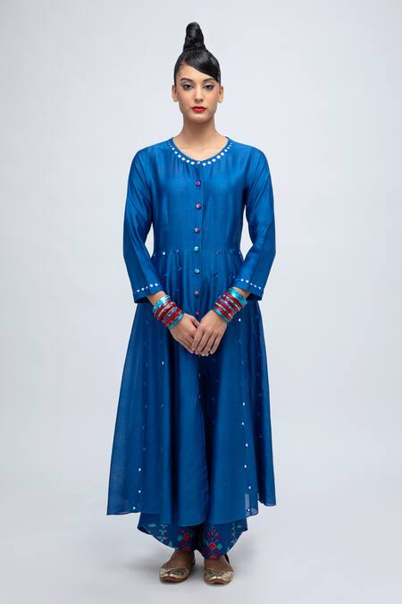 Lila Blue Cotton Satin, Cotton, Silk, Organza Neelam Embroidered Anarkali Pant Set at Aza Fashions Lila_Blue Cotton Satin, Cotton, Silk, Organza Neelam Embroidered Anarkali Pant Set_at_Aza_Fashions