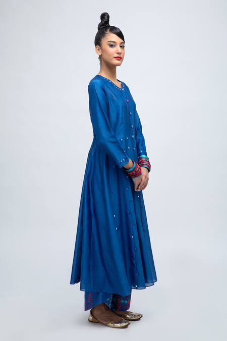 Buy Lila Blue Cotton Satin, Cotton, Silk, Organza Neelam Embroidered Anarkali Pant Set Buy_Lila_Blue Cotton Satin, Cotton, Silk, Organza Neelam Embroidered Anarkali Pant Set