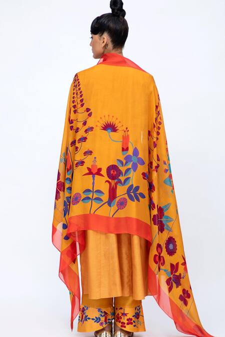 Shop Lila Yellow Cotton, Silk, Organza Mirrors Round Neck Savera Work Anarkali Pant Set at Aza Fashions Shop_Lila_Yellow Cotton, Silk, Organza Mirrors Round Neck Savera Work Anarkali Pant Set_at_Aza_Fashions