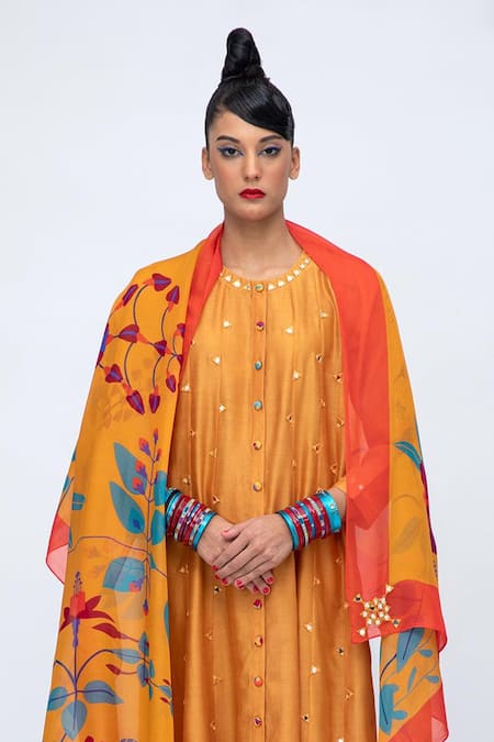 Lila Yellow Cotton, Silk, Organza Mirrors Round Neck Savera Work Anarkali Pant Set Online at Aza Fashions Lila_Yellow Cotton, Silk, Organza Mirrors Round Neck Savera Work Anarkali Pant Set_Online_at_Aza_Fashions