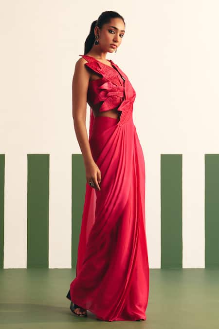 Reeti Arneja - Theklub_Pink Chiffon, Satin Embroidery Mirah Pre-stitched Saree With Leaf Blouse _Online_at_Aza_Fashions