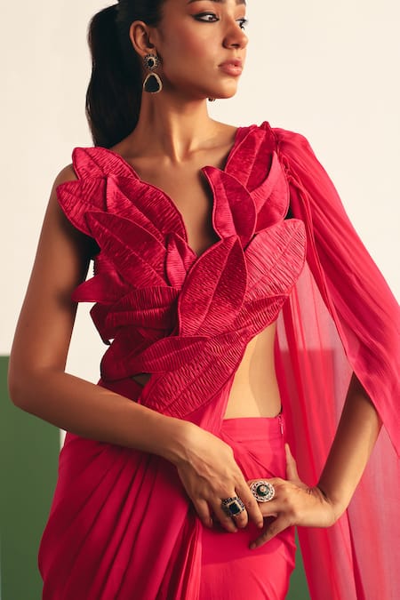 Buy_Reeti Arneja - Theklub_Pink Chiffon, Satin Embroidery Mirah Pre-stitched Saree With Leaf Blouse _Online_at_Aza_Fashions