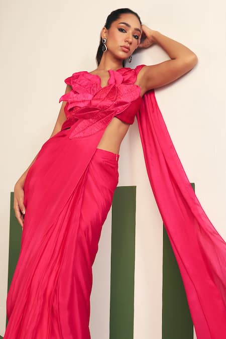 Shop_Reeti Arneja - Theklub_Pink Chiffon, Satin Embroidery Mirah Pre-stitched Saree With Leaf Blouse _Online_at_Aza_Fashions