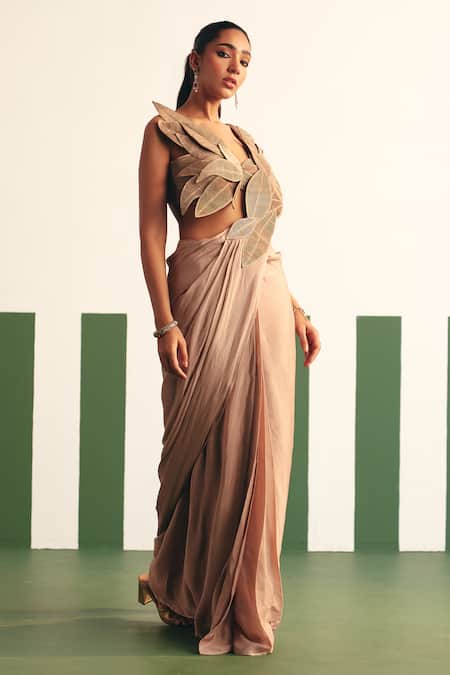 Shop Reeti Arneja - Theklub Beige Chiffon, Satin Mirah Pre-stitched Saree With 3d Leaf Ornamentation Blouse at Aza Fashions Shop_Reeti Arneja - Theklub_Beige Chiffon, Satin Mirah Pre-stitched Saree With 3d Leaf Ornamentation Blouse _at_Aza_Fashions