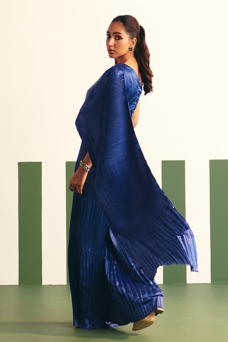 Reeti Arneja - Theklub_Blue Satin Asymmetric Evara Draped Jumpsuit _Online_at_Aza_Fashions