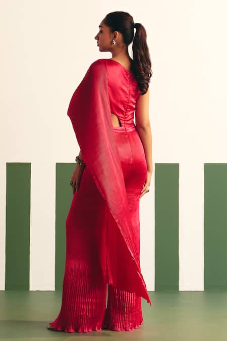 Shop_Reeti Arneja - Theklub_Pink Satin Asymmetric Evara Pleated Jumpsuit _at_Aza_Fashions