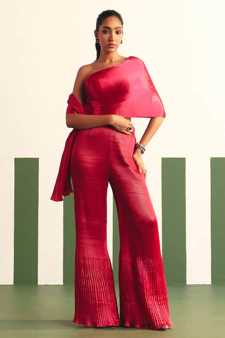 Reeti Arneja - Theklub_Pink Satin Asymmetric Evara Pleated Jumpsuit _Online_at_Aza_Fashions