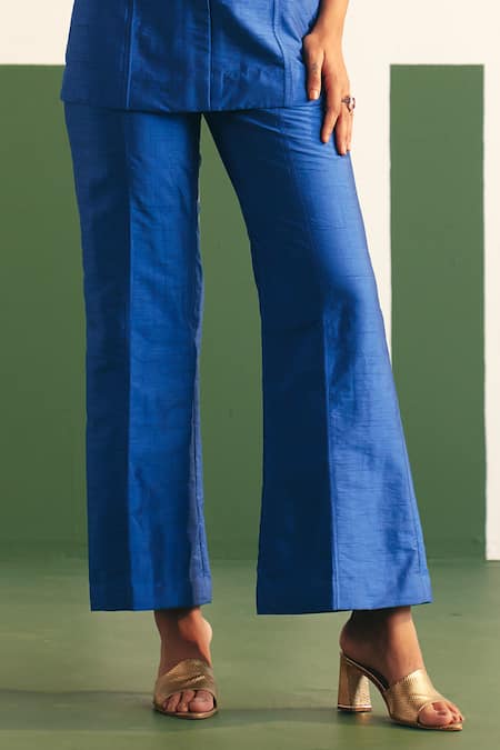 Buy_Reeti Arneja - Theklub_Blue Silk, Satin Embroidery Asymmetric Ruth Placement 3d Leaf Top With Pant _Online_at_Aza_Fashions