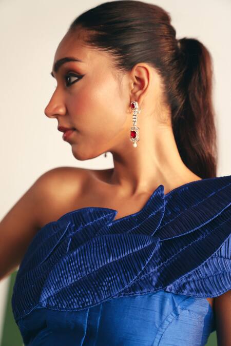 Buy_Reeti Arneja - Theklub_Blue Silk, Satin Embroidery Asymmetric Ruth Placement 3d Leaf Top With Pant 