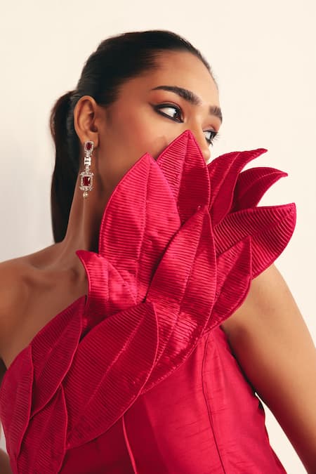 Reeti Arneja - Theklub Pink Silk, Satin Embroidery Asymmetric Ruth 3d Leaf Top With Pant at Aza Fashions Reeti Arneja - Theklub_Pink Silk, Satin Embroidery Asymmetric Ruth 3d Leaf Top With Pant _at_Aza_Fashions