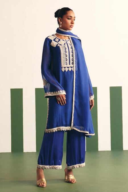 Reeti Arneja - Theklub Blue Organza, Cotton Satin Embroidery Round Neck Irina Yoke Kurta Palazzo Set Online at Aza Fashions Reeti Arneja - Theklub_Blue Organza, Cotton Satin Embroidery Round Neck Irina Yoke Kurta Palazzo Set _Online_at_Aza_Fashions