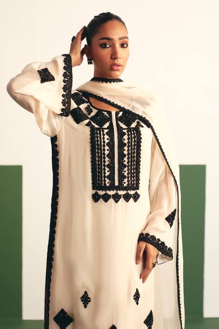 Shop Reeti Arneja - Theklub Ivory Organza, Cotton Satin Embroidery Round Irina Geometric Kurta Palazzo Set Online at Aza Fashions Shop_Reeti Arneja - Theklub_Ivory Organza, Cotton Satin Embroidery Round Irina Geometric Kurta Palazzo Set _Online_at_Aza_Fashions