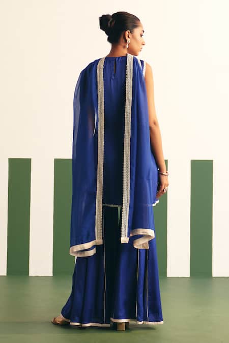 Shop Reeti Arneja - Theklub Blue Cotton Satin, Organza Sequins Enora Placement Embroidered Kurta Sharara Set at Aza Fashions Shop_Reeti Arneja - Theklub_Blue Cotton Satin, Organza Sequins Enora Placement Embroidered Kurta Sharara Set _at_Aza_Fashions