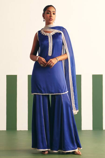 Reeti Arneja - Theklub Blue Cotton Satin, Organza Sequins Enora Placement Embroidered Kurta Sharara Set Online at Aza Fashions Reeti Arneja - Theklub_Blue Cotton Satin, Organza Sequins Enora Placement Embroidered Kurta Sharara Set _Online_at_Aza_Fashions