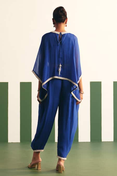 Shop_Reeti Arneja - Theklub_Blue Organza Sequins Round Neck Mavis Embroidered Yoke Kaftan With Dhoti Pant _at_Aza_Fashions