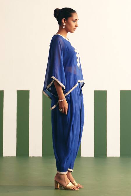 Reeti Arneja - Theklub_Blue Organza Sequins Round Neck Mavis Embroidered Yoke Kaftan With Dhoti Pant _Online_at_Aza_Fashions