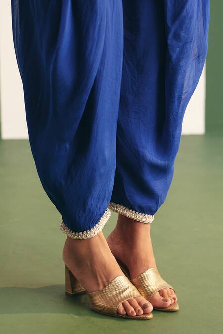 Buy_Reeti Arneja - Theklub_Blue Organza Sequins Round Neck Mavis Embroidered Yoke Kaftan With Dhoti Pant _Online_at_Aza_Fashions