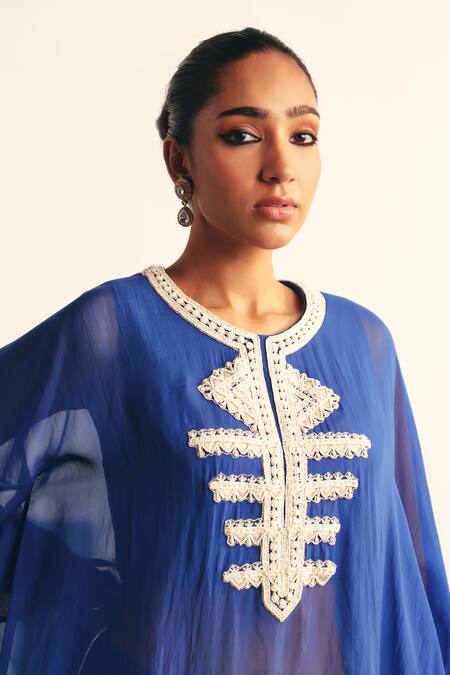Shop_Reeti Arneja - Theklub_Blue Organza Sequins Round Neck Mavis Embroidered Yoke Kaftan With Dhoti Pant _Online_at_Aza_Fashions