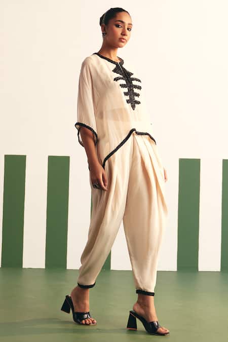 Shop Reeti Arneja - Theklub Ivory Organza Sequins Round Neck Mavis Embroidered Yoke Kaftan With Dhoti Pant Online at Aza Fashions Shop_Reeti Arneja - Theklub_Ivory Organza Sequins Round Neck Mavis Embroidered Yoke Kaftan With Dhoti Pant _Online_at_Aza_Fashions