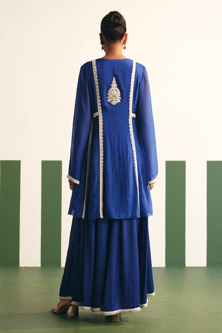 Shop Reeti Arneja - Theklub Blue Organza, Cotton Satin Sequins, Cut Blair Floral Yoke Anarkali Sharara Set at Aza Fashions Shop_Reeti Arneja - Theklub_Blue Organza, Cotton Satin Sequins, Cut Blair Floral Yoke Anarkali Sharara Set _at_Aza_Fashions