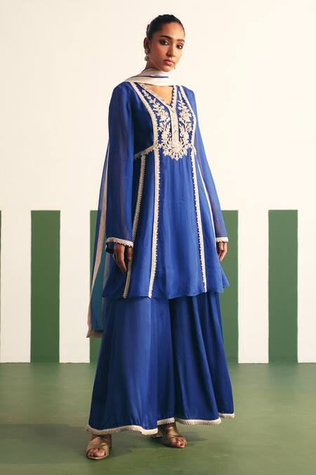 Reeti Arneja - Theklub Blue Organza, Cotton Satin Sequins, Cut Blair Floral Yoke Anarkali Sharara Set Online at Aza Fashions Reeti Arneja - Theklub_Blue Organza, Cotton Satin Sequins, Cut Blair Floral Yoke Anarkali Sharara Set _Online_at_Aza_Fashions